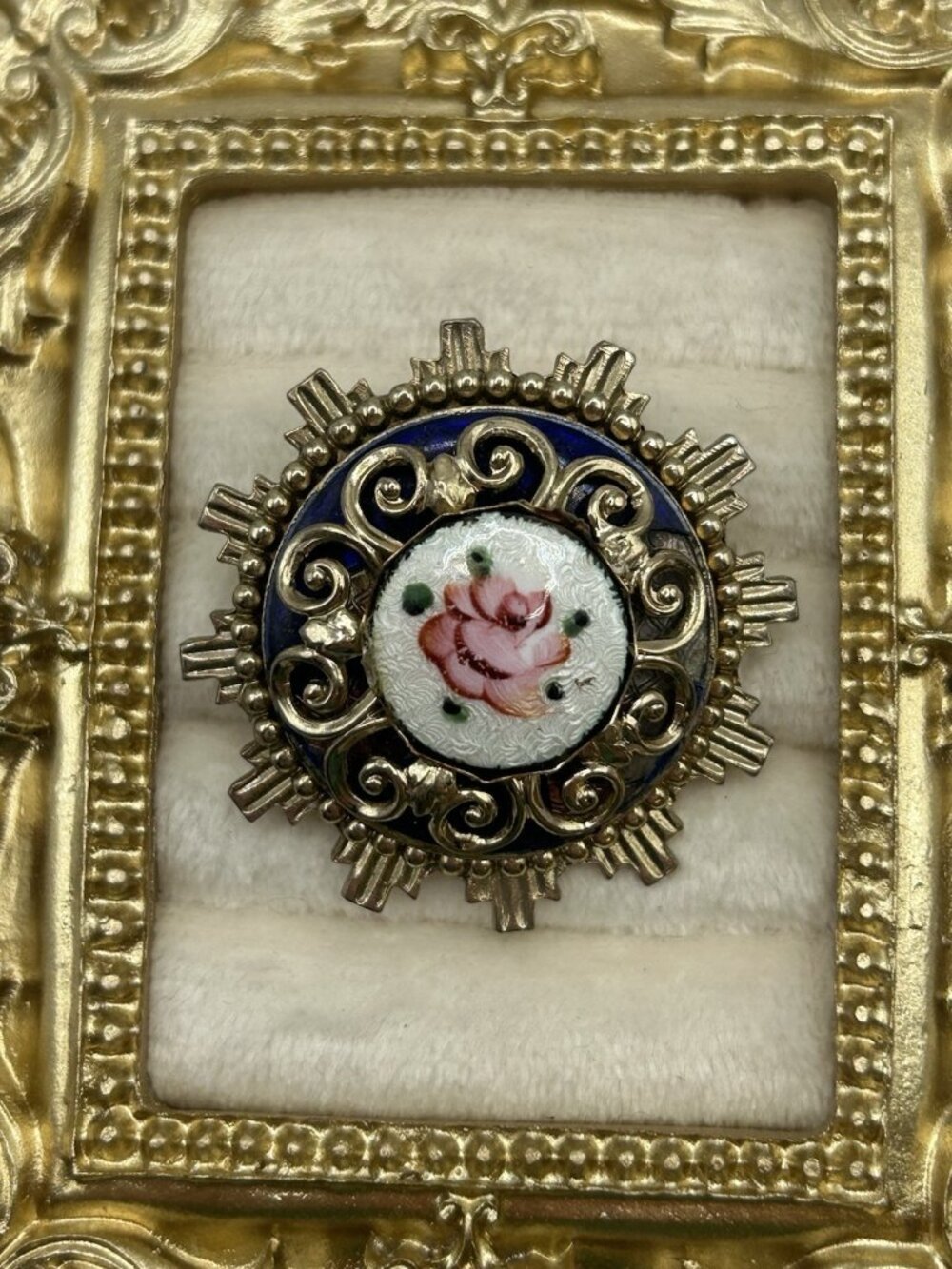 Vintage Coro Guilloché Enamel Rose Brooch Blue Gold Filigree Pin Cottagecore